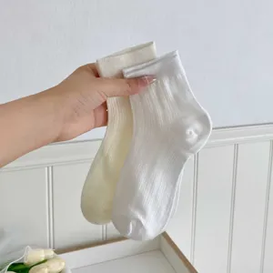 Women breathable mid-tube socks spring summer casual solid color ribbed knit white socks