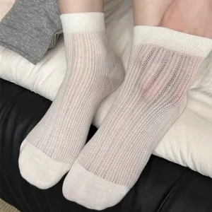 Women Japanese Style Cotton Crew Socks Breathable Mesh Solid Color Casual Cute Bow Spring Summer Fashion Socks