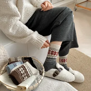 Cozy Fair Isle winter wool socks for women, thick warm vintage patterned mid-tube knit socks.
