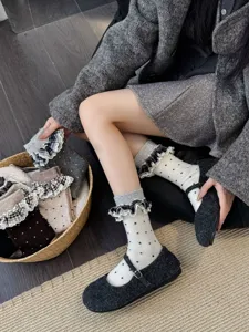 Chaussettes femme chaudes automne hiver à volants pois style rétro japonais chaussettes