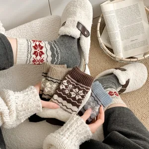 Fair Isle winter wool socks for women, cozy thickened thermal mid-tube slouch boot socks.