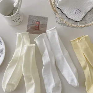 Women's solid color rolled edge vertical stripe breathable cotton mid tube slouch socks detail