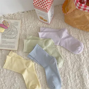 Solid color ribbed crew socks pastel multi-pack soft breathable cotton casual socks