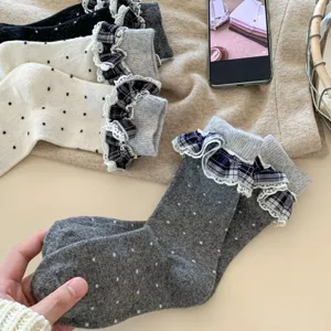 Chaussettes mi-hautes élégantes à volants et pois vintage pour femmes mode automne hiver