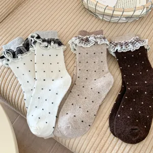 Chaussettes mi-hautes rétro japonaises à pois et volants automne hiver chaud pour femmes