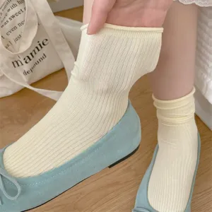 Women's rolled cuff vertical striped mid-calf socks casual solid color breathable cotton soft