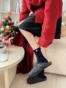 Cozy winter wool Christmas socks with cute embroidery, thick warm mid-tube socks for women.