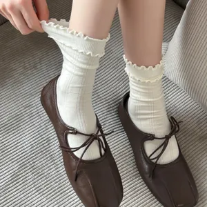 White ruffled mid tube socks for women, cute cotton knit hosiery, sweet daily style