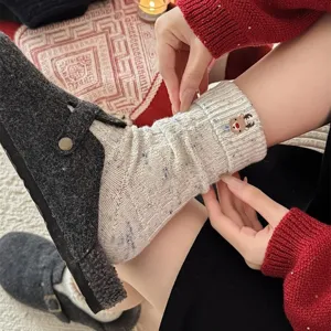 Autumn winter wool Christmas socks women cuffed embroidery flecked yarn warm mid-calf socks