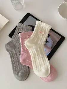Chaussettes mi-hautes Lolita femme en tricot torsadé avec nœud mignon, coton mode vintage.