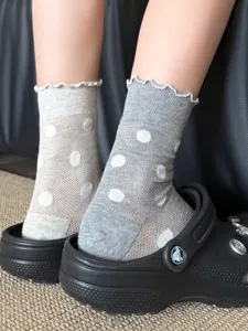 Summer sheer polka dot ruffled mid-calf socks, breathable mesh thin cute hosiery for women.