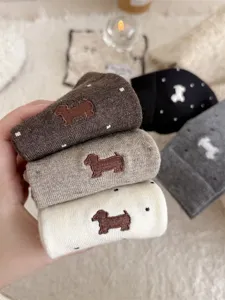 Cashmere socks women winter cartoon dachshund embroidery polka dot wool socks warm thick detail
