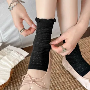Zwarte dames mesh stirrup beenwarmers ballet stijl zomer dunne sokken met leuke volants.