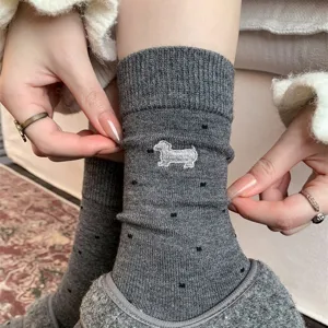 Women cute dachshund embroidered wool blend mid-tube winter warm polka dot knit socks