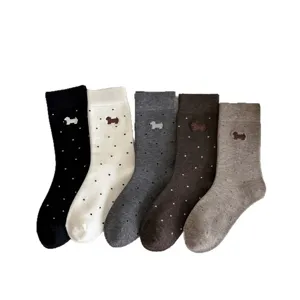 Cashmere socks women autumn winter cute dachshund embroidery polka dot mid-tube warm socks