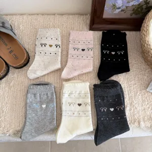 Women cute fair isle mid-tube socks with bow heart pattern casual daily cotton socks