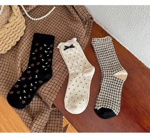 Dames halverwege kuit sokken set herfst winter schattige strik stippen ruitjes mode casual