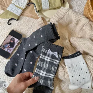 Cozy grey floral and plaid knit socks set, soft wool blend winter hosiery for women detail