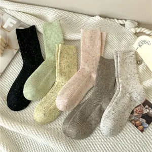 Thick wool blend speckled crew socks for women winter warm ribbed knit cozy fashion socks