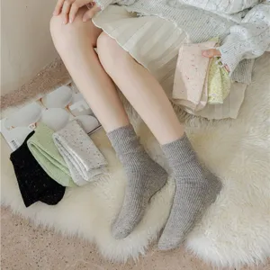 Thickened cashmere wool blend mid-calf socks for women, cozy speckled knit ribbed slouch design.