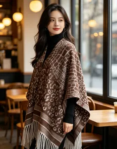 Stylish leopard print knitted cape shawl with fringe, perfect for autumn and winter outfits.