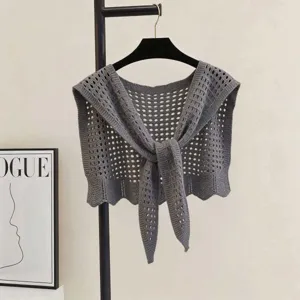Gray hollow out knit cape for women casual open front shawl cardigan breathable summer outerwear