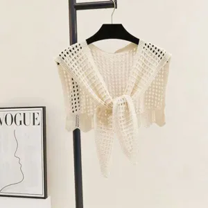Beige hollow knit shawl bolero for women, stylish open front cardigan cape for daily outfit.