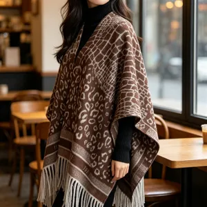 Women stylish knit cape shawl with animal print and fringe hem, cozy autumn winter poncho.