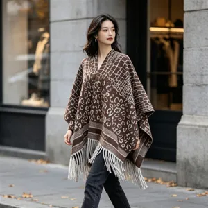 Women Fashion Leopard Print Knitted Cloak Shawl V Neck Open Front Tassel Poncho Casual Warm Winter Outerwear