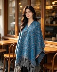 Scialle mantella imitazione cashmere autunno inverno donna blu chevron frange calda coperta