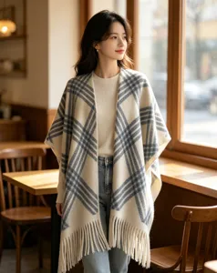 Detailed view of cozy autumn winter plaid tassel cape shawl worn by model in a warm cafe setting.