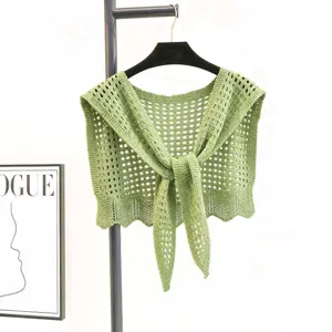 Women Casual Hollow Out Knitted Shawl Solid Color Open Front Cardigan Wave Edge Thin Cape Summer Beach Cover Up