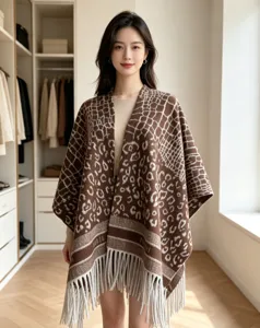 Stylish leopard print knitted cloak shawl with fringe detail for women autumn winter.