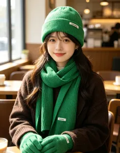 Green knitted winter hat scarf and gloves set warm wool beanie neck warmer for women