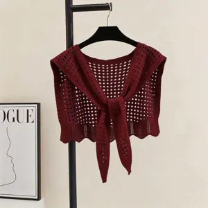 Women hollow knitted cape vintage stylish button shawl breathable casual outerwear aesthetic top