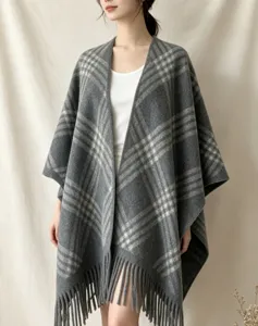 Gray plaid fringe cape shawl for women, cozy winter warm open front wrap coat outerwear.