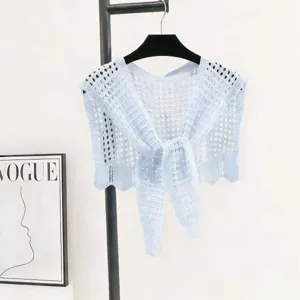 Close up of light blue knitted hollow out shawl, delicate cut out design with tie front detail.