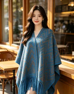 Comodo poncho mantella in finto cashmere chevron da donna autunno inverno calda sciarpa con frange.