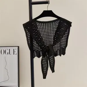 Black hollow knit shawl women summer thin cardigan open front cape hollow crochet outerwear
