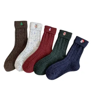 Autumn winter wool Christmas women socks thick thermal speckled yarn embroidered mid-calf socks