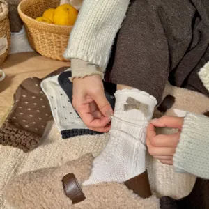 Vintage bow lace wool socks for women, cozy winter warm hosiery, chic JK style daily wear.
