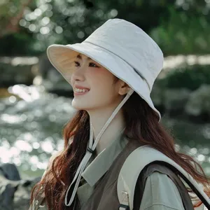 Women Quick Drying Bucket Hat Outdoor Sun Protection Summer Fisherman Cap With Drawstring Reflective Label