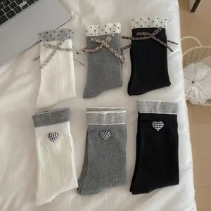 Women Cotton Crew Socks Sweet Heart Bow Contrast Color Stacked Socks Cute Casual Thermal Hosiery