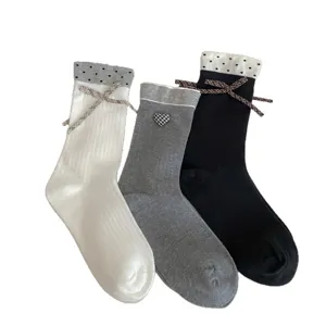 Cute bow women mid tube socks cotton breathable contrast color sweet winter style casual socks