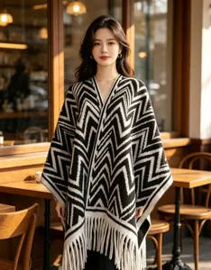 Vista dettagliata di mantella in maglia chevron nera e bianca con frange in un caldo caffè.