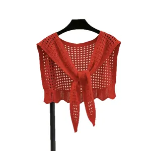 Women red hollow knit capelet stylish casual crochet shawl cute outer wear new fashion