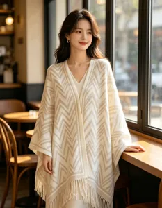 Donna autunno inverno poncho mantella cashmere sintetico motivo zigzag frange scialle elegante