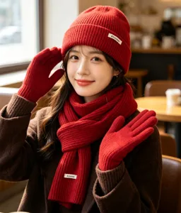 Red knit beanie hat scarf gloves set for women winter warm cozy fashion accessory new arrival