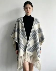 Korean style autumn winter tassel plaid cape shawl warm elegant outerwear fashion clothing