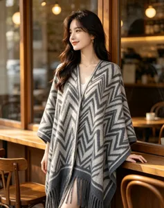 Vista dettagliata della mantella scialle effetto cashmere con motivo chevron e frange.